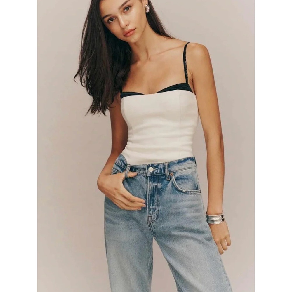 Reformation Melanie Top Ivory Black Silk Trim Smocked Back Camisole Size 12 Lux - Picture 2 of 11
